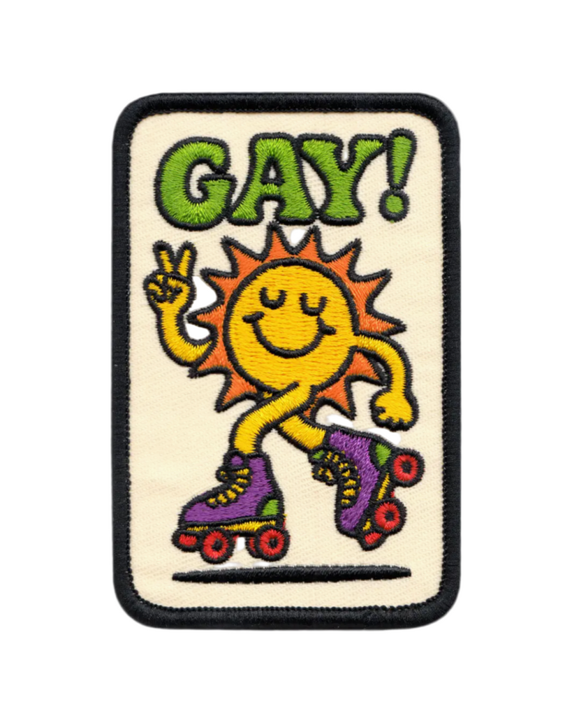 Rollerskating Sun embroidered colorful iron on patch by Square Deal Recordings sold by Le Monkey House