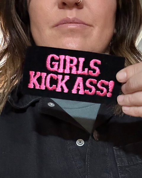 Girls kick ass embroidered felt patch from square deal recordings sold by Le Monkey House
