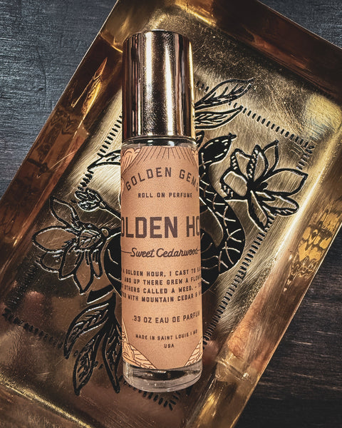Golden Hour Perfume, roll on perfume, sweet cedarwood, by Golden Gems, sold by Le Monkey House