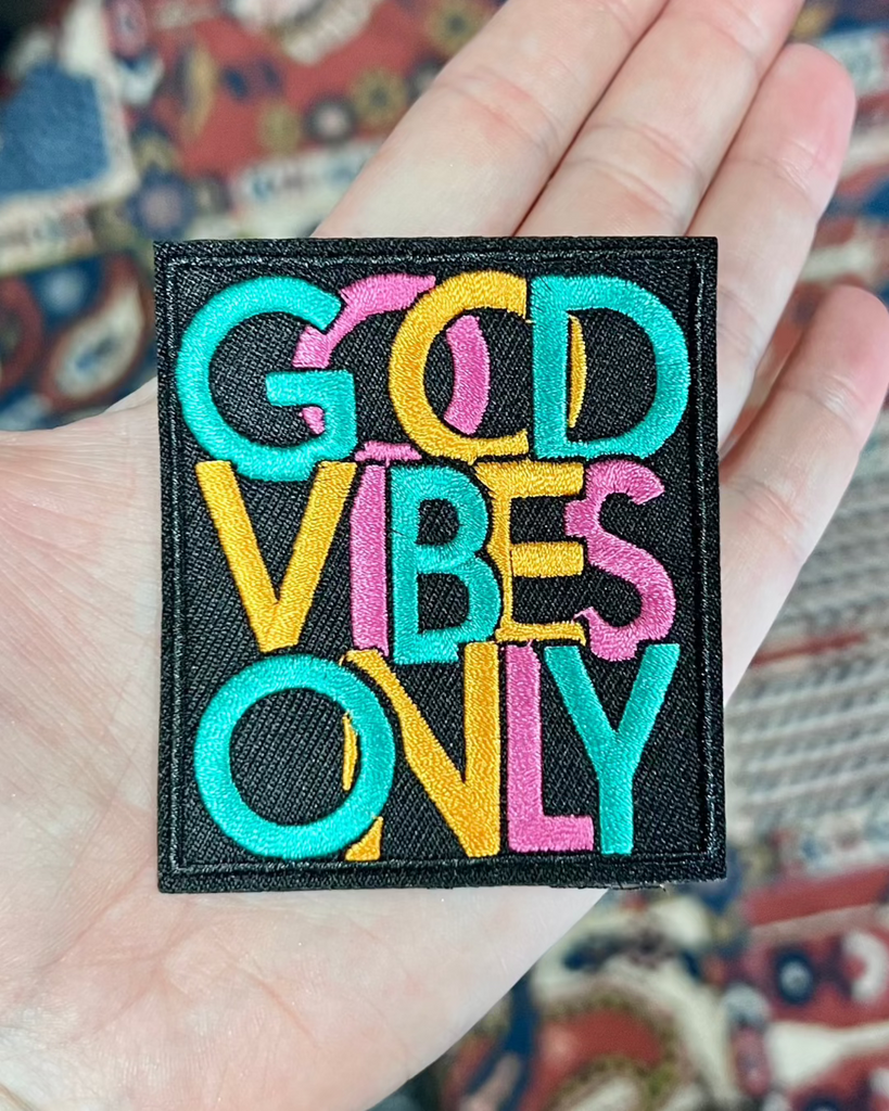 Good vibes only embroidered iron on patch sold by Le Monkey House