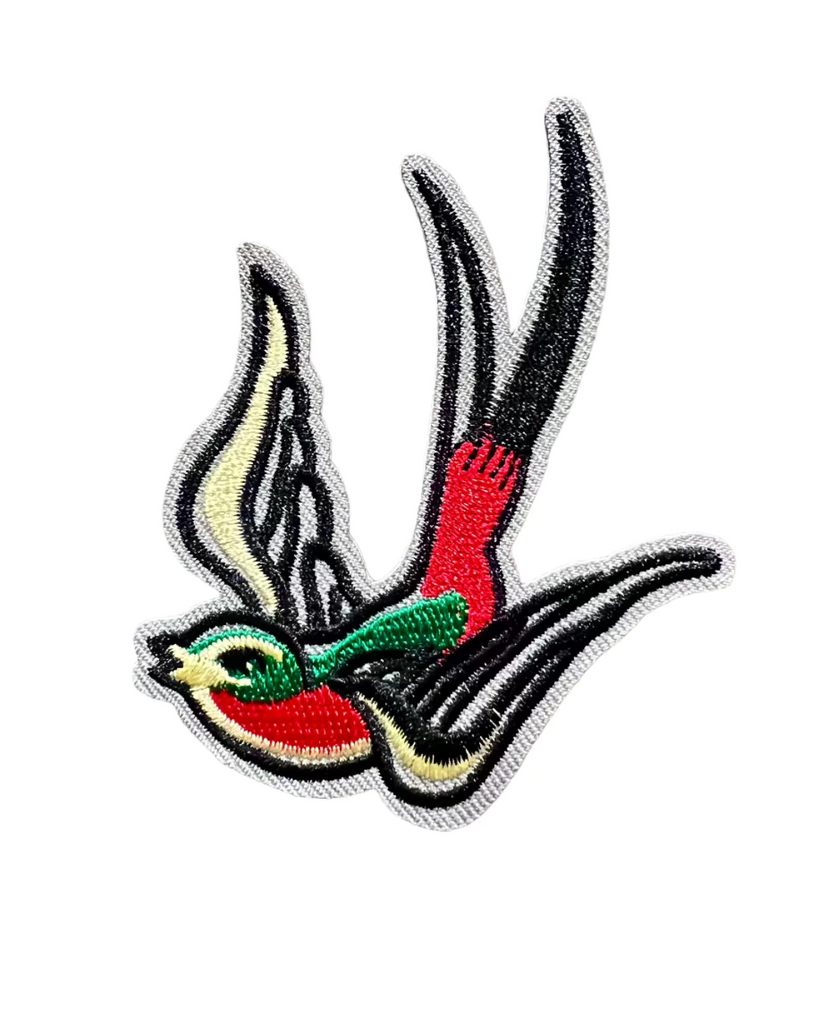 Gray colorful swallow bird iron on embroidered patch sold by Le Monkey House