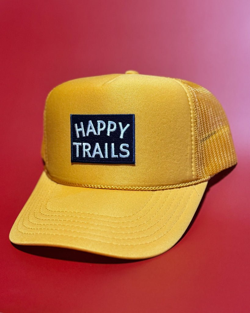 Happy trails embroidered patch Otto Brand Trucker hat - Golden yellow with navy blue patch sold by Le Monkey House