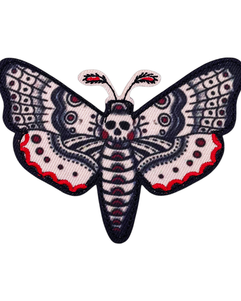 Death's Head Hawk Moth embroidered Iron on patch by Square Deal Recordings, sold by Le Monkey House