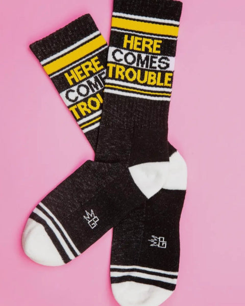 Here comes trouble gym socks Retro style gym socks - tube socks by Gumball Poodle. Cotton-Nylon-Spandex Blend. Made in the USA.