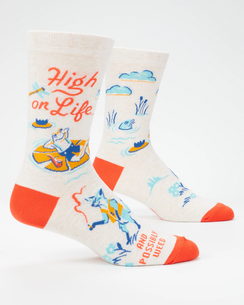 High on life and possible weed, men's crew socks by Blue Q, sold by Le Monkey House