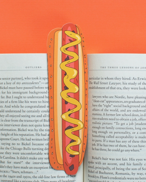 Hot dog with mustard bookmark by Humdrum paper sold by Le Monkey House