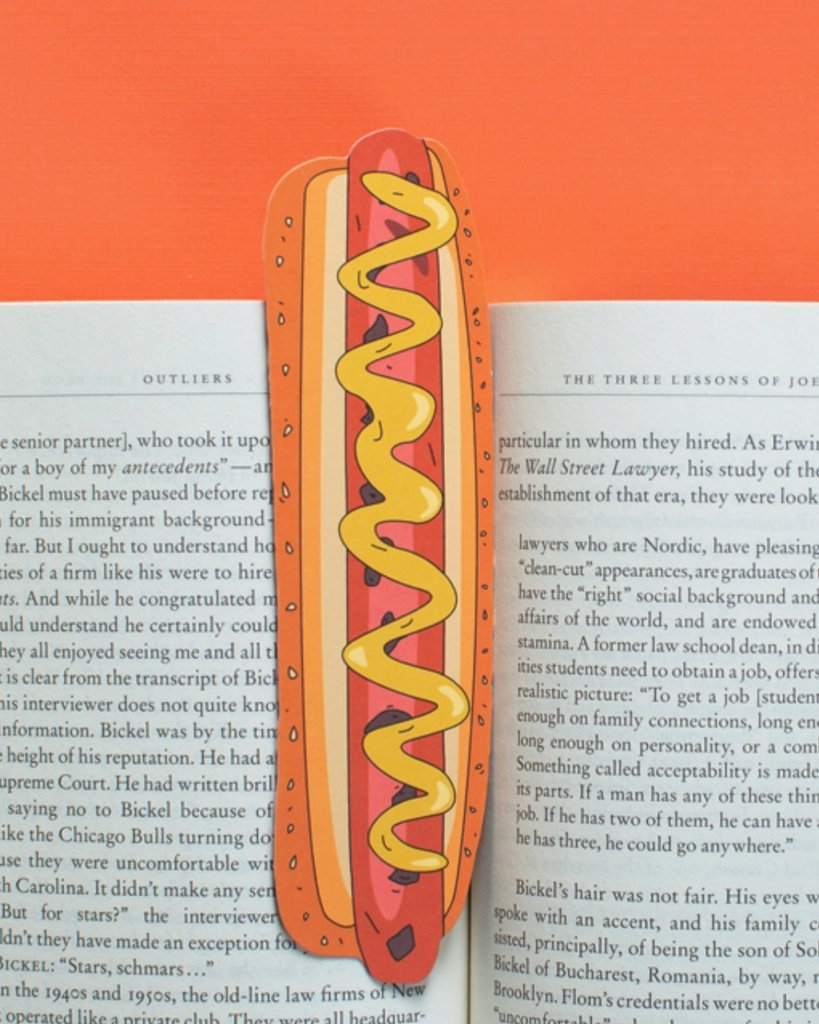 Hot dog with mustard bookmark by Humdrum paper sold by Le Monkey House