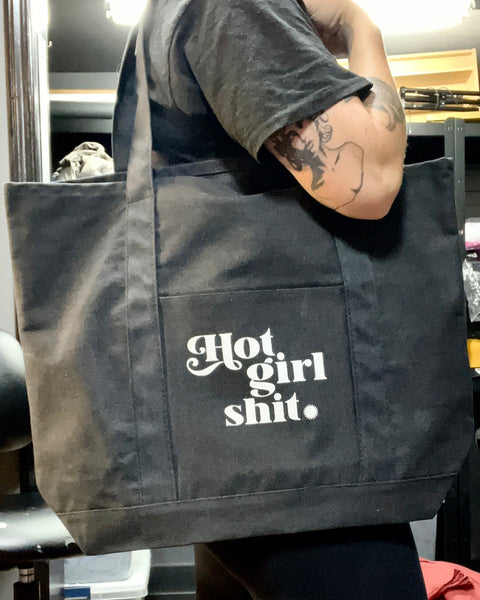 Hot girl shit tote bag black and white large tote designed printed and sold by Le Monkey House