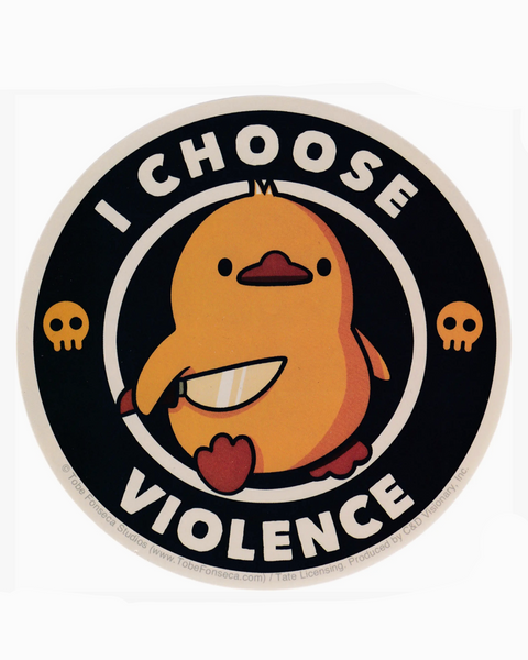 I choose violence, funny duck with a knife sticker, square deal recordings, sold by Le Monkey House