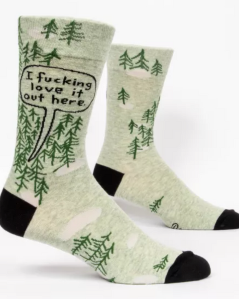 I fucking love it out here, outdoors, woodsy, hiking men's socks by Blue Q sold by Le Monkey House Culpeper, Virginia