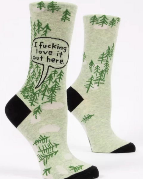 I fucking love it out here, woods, outdoorsy, hiking, women's socks by Blue Q sold by Le Monkey House Culpeper, Virginia