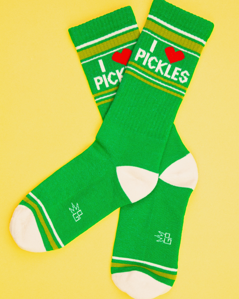 I love heart pickles gym socks Retro style gym socks - tube socks by Gumball Poodle. Cotton-Nylon-Spandex Blend. Made in the USA.