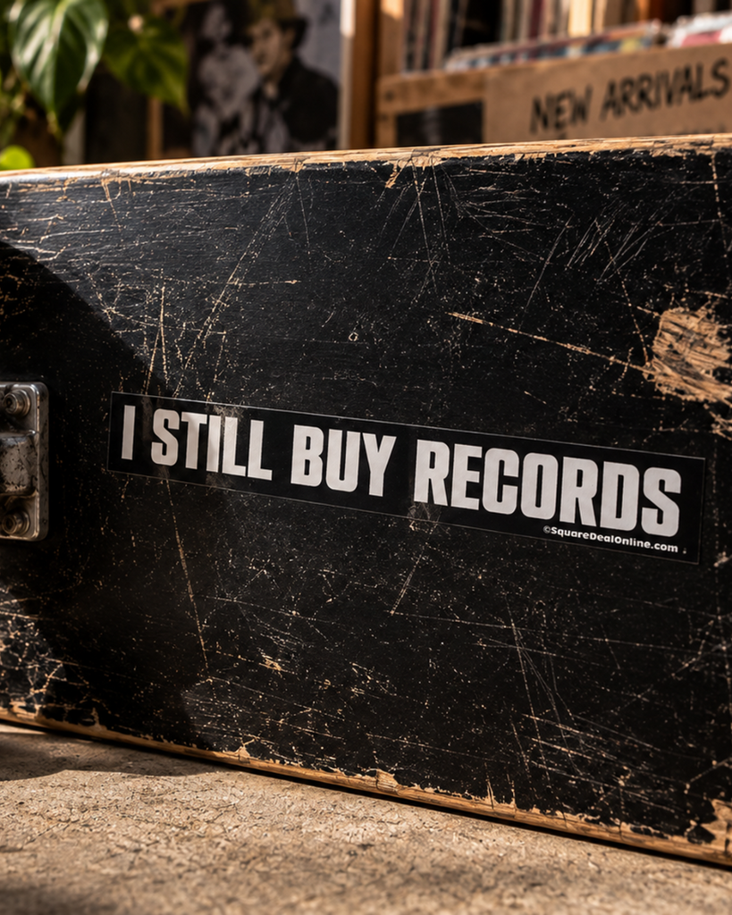 I still buy records bumper sticker, vinyl sticker by Square Deal Recordings, sold by Le Monkey House