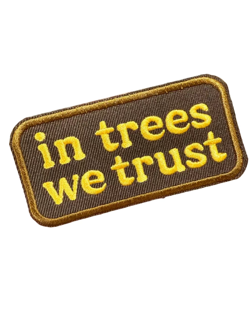 In trees we trust brown and yellow embroidered iron on patch sold by Le Monkey House