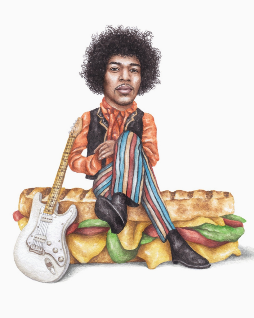 Jimi Hendrix celebs on Sandwiches 8x10 watercolor print sold by Le Monkey House