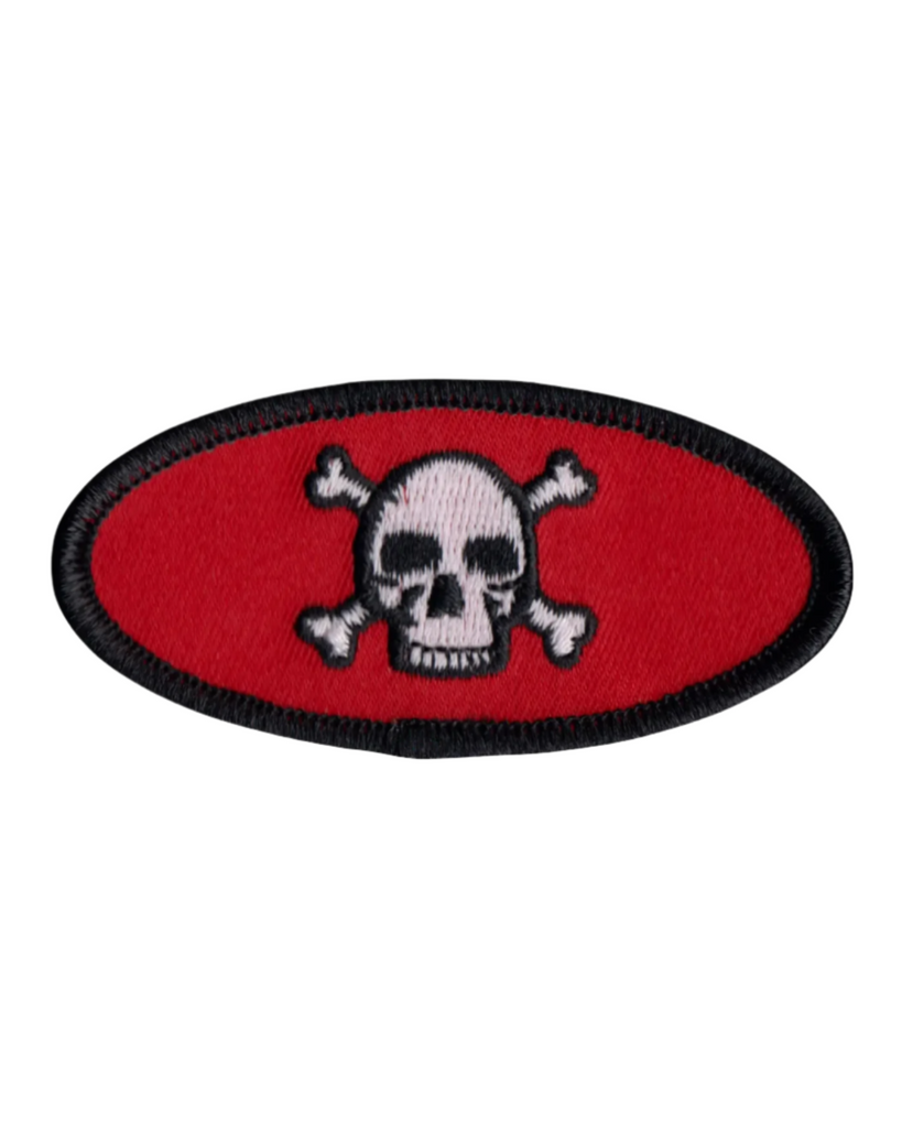 Jolly Roger Skull and crossbones oval embroidered iron on sew on patch by Square Deal Recordings sold by Le Monkey House