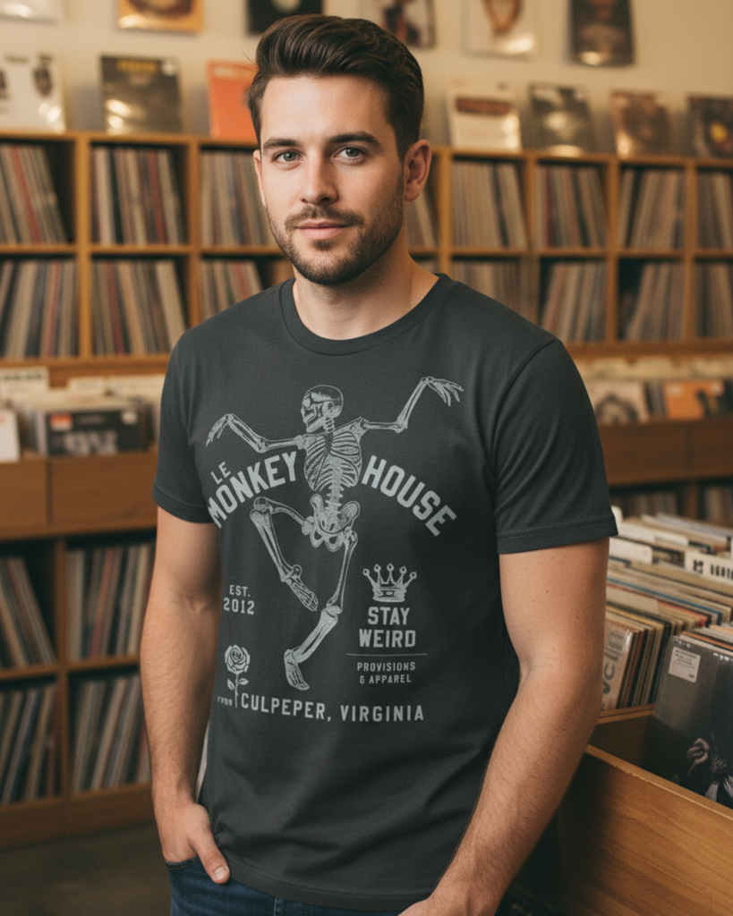 Dancing Skeleton Culpeper Virginia Le Monkey House T Shirt designed by Le Monkey House