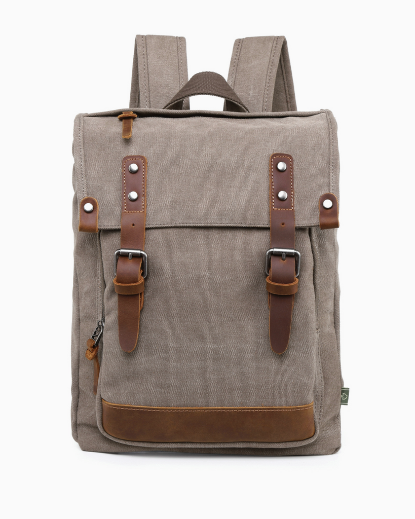 Khaki Discovery backpack leather and canvas by TSD Brand sold by Le monkey House