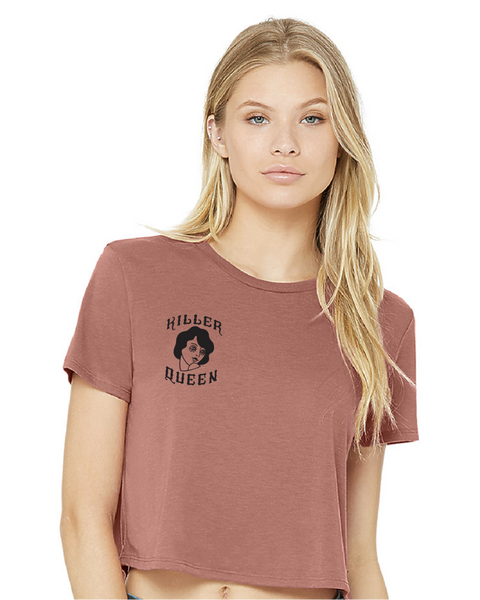 Killer Queen vintage tattoo design cropped mauve tee with black ink designed and printed by Le Monkey House in Culpeper, Virginia