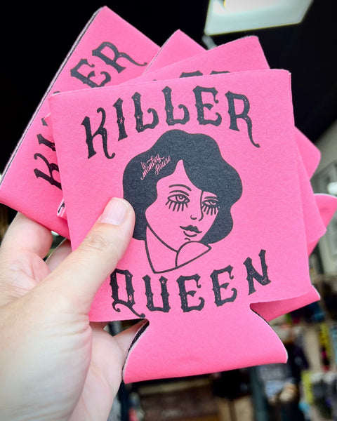 Killer Queen black and hot pink koozie printed, designed and sold by Le Monkey House