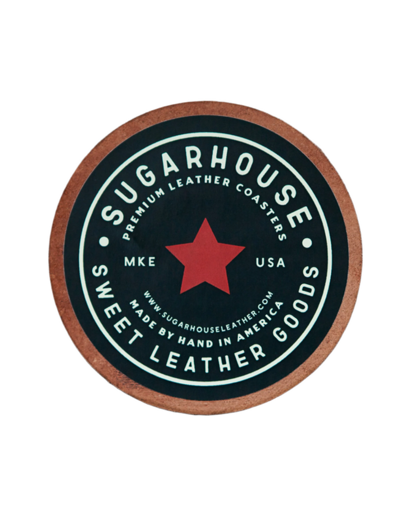 Handmade round Leather coaster by sugarhouse leather sold by Le Monkey House Branding