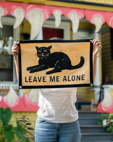Leave me alone black cat camp flag by Oxford Pennant sold by Le Monkey House
