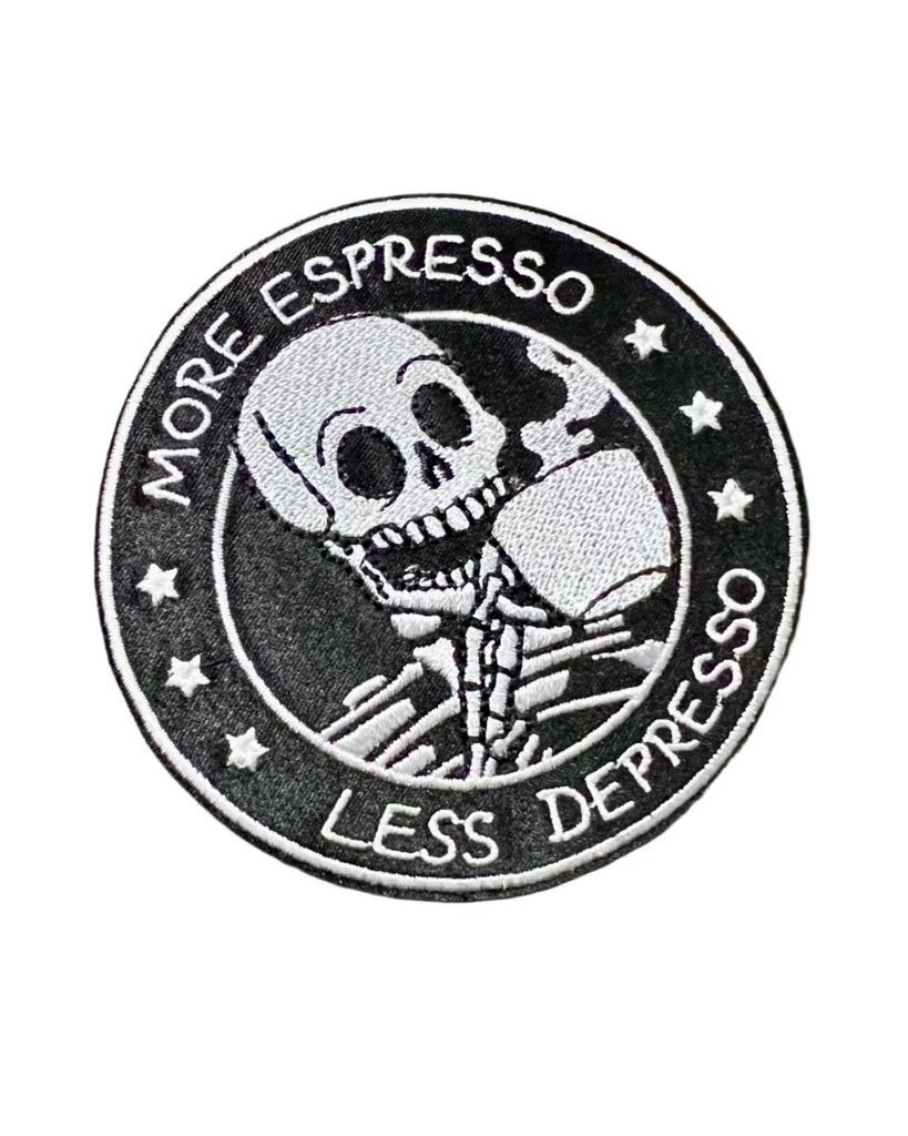 Less Depresso more espresso embroidered iron on patch by Square Deal Recordings sold by Le Monkey House