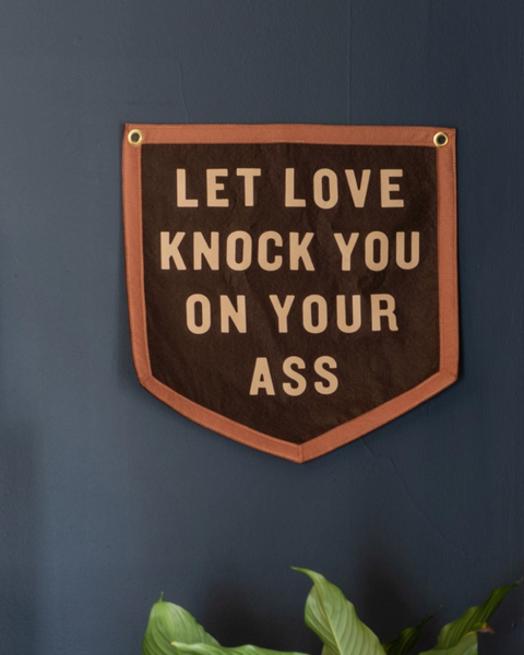 A dark brown wooden shield-shaped wall sign with beige text reading 'LET LOVE KNOCK YOU ON YOUR ASS', mounted on a dark blue wall above a green plant, with a bookshelf visible on the left.