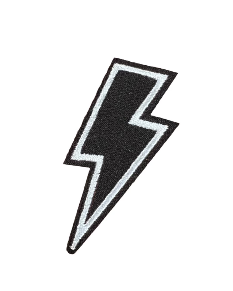 black and white lightning bolt patch embroidered iron on patch sold by Le Monkey House
