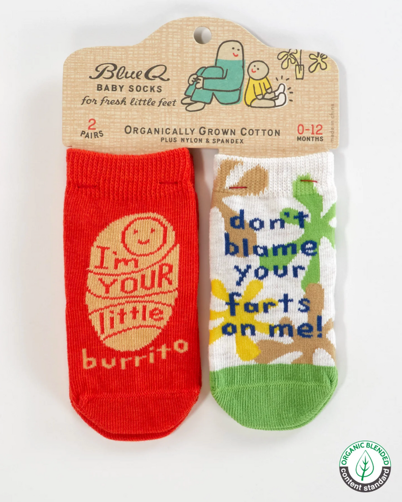 I'm your little burrito don't blame your farts on me baby socks by Blue Q sold by Le Monkey House