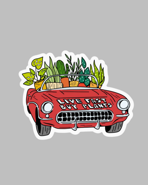 Live fast, buy plants sportscar sticker by Big Moods sold by Le Monkey House