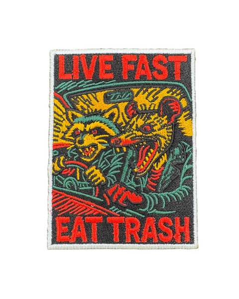 Live Fast Eat Trash embroidered iron on patch by Shady Front, sold by Le Monkey House