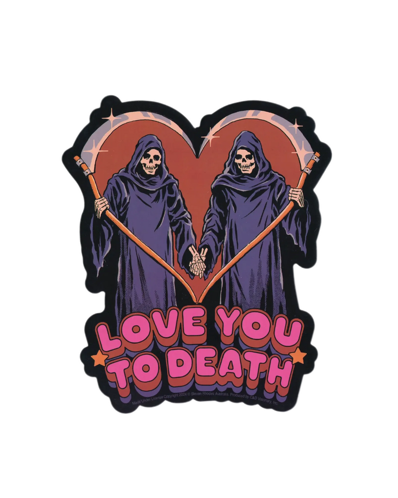 Love you to death Stephen Rhodes sticker from Square deal recordings sold by Le Monkey House
