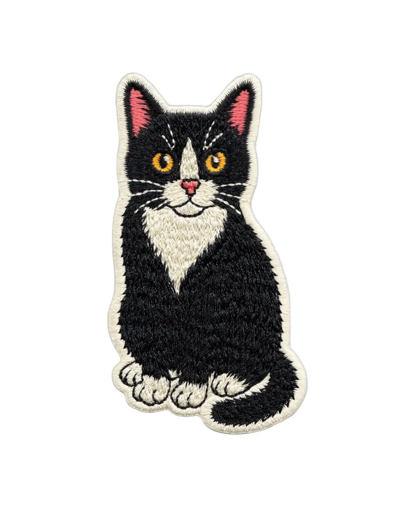 Lucy the tuxedo cat embroidered Iron on patch by Square Deal Recordings sold by Le Monkey House