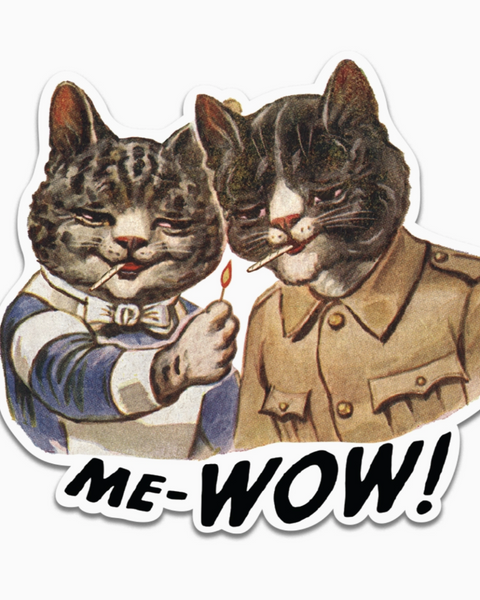 Me-wow vintage smoking cats funny sticker by The Mincing Mockingbird Sold by Le Monkey House