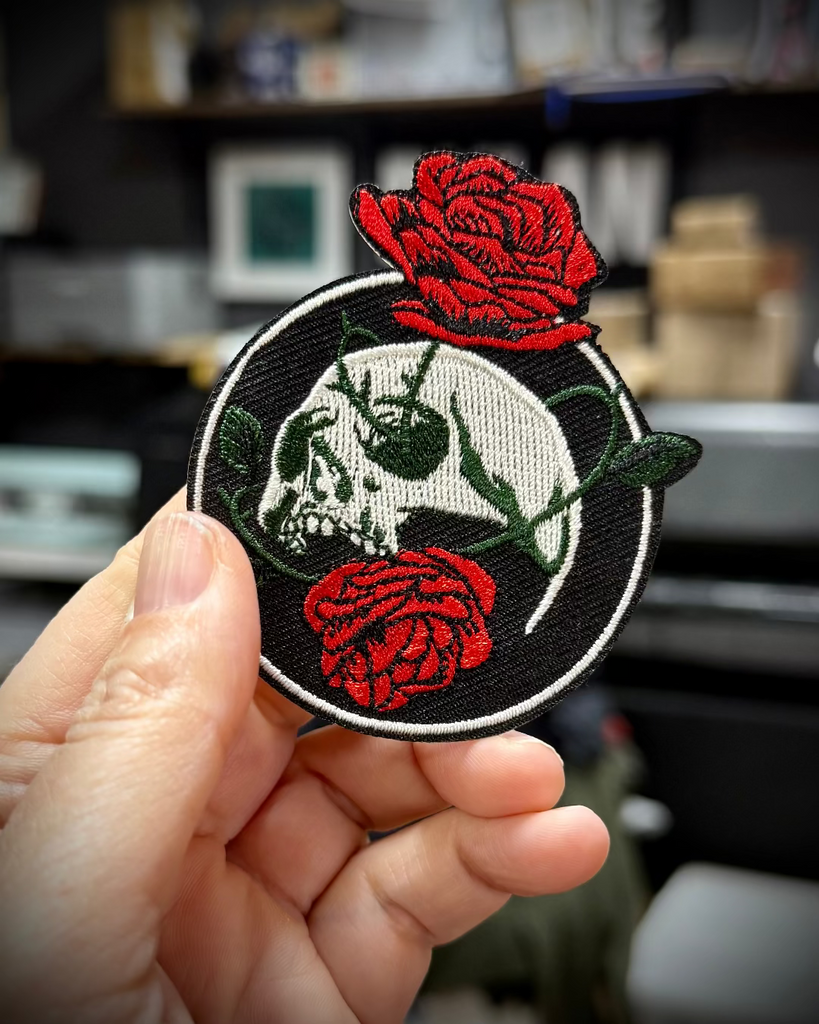 Memento Mori iron on embroidered patch sold by Le Monkey House