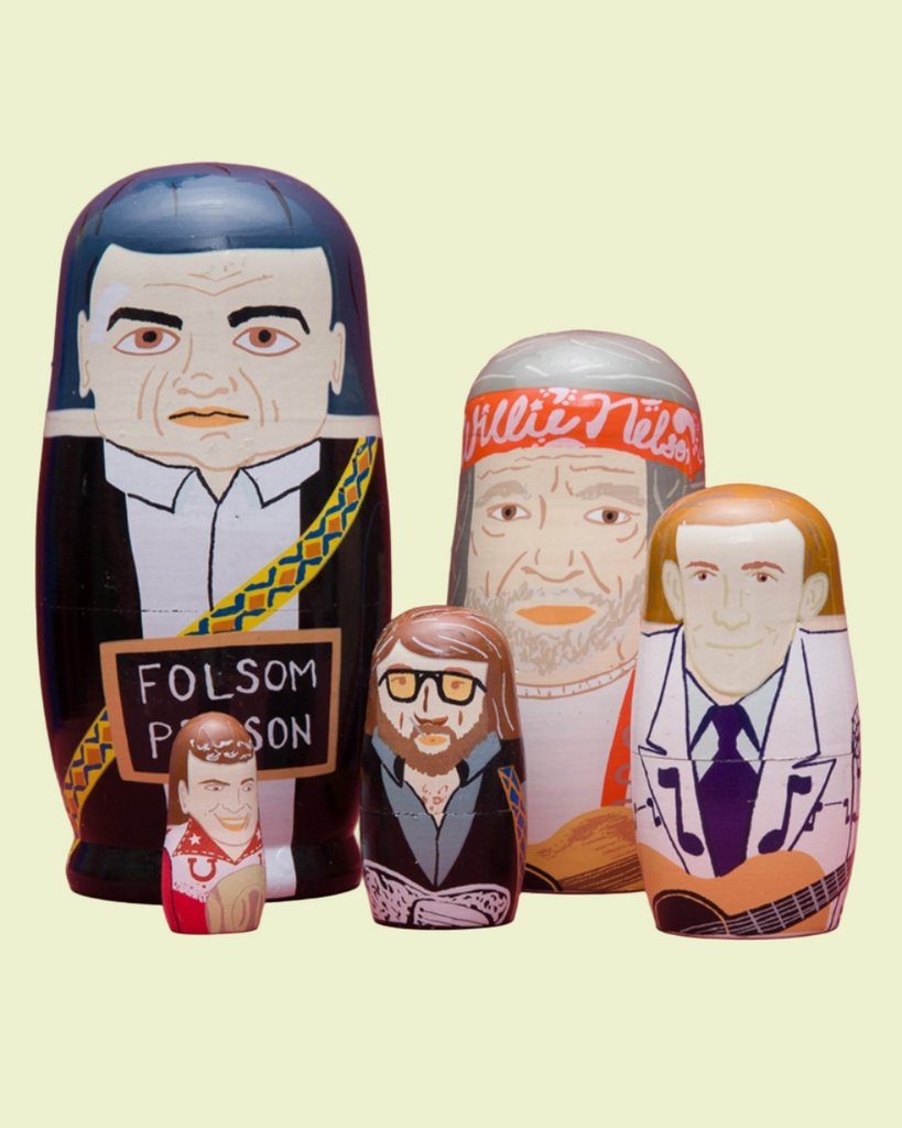 Men of the opry wooden nesting dolls by Larney & Babs sold by Le Monkey House