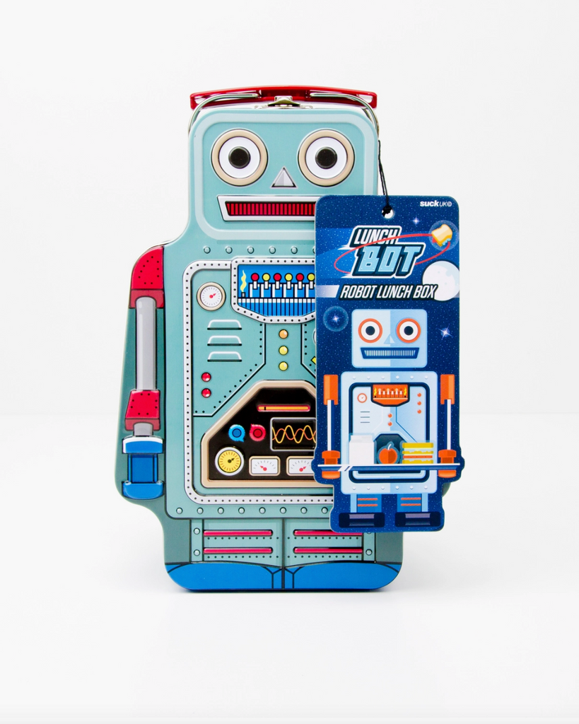Metal tin robot lunchbox by Suck UK sold by Le Monkey House