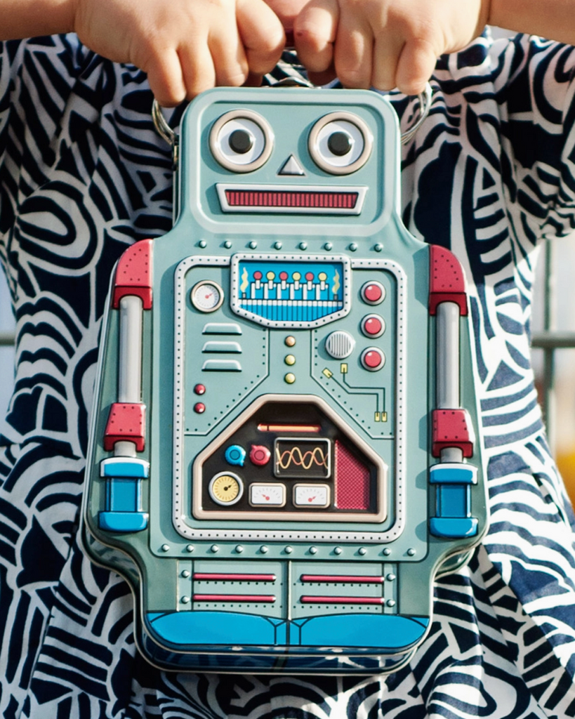 Metal tin robot lunchbox by Suck UK sold by Le Monkey House
