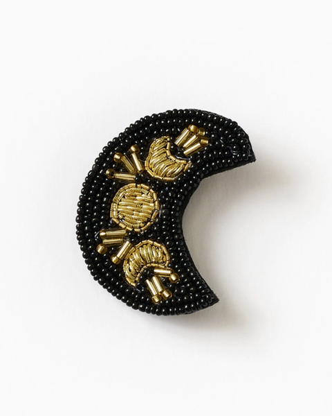 Beaded black and gold moon brooch by Matr Boomie sold by Le Monkey House