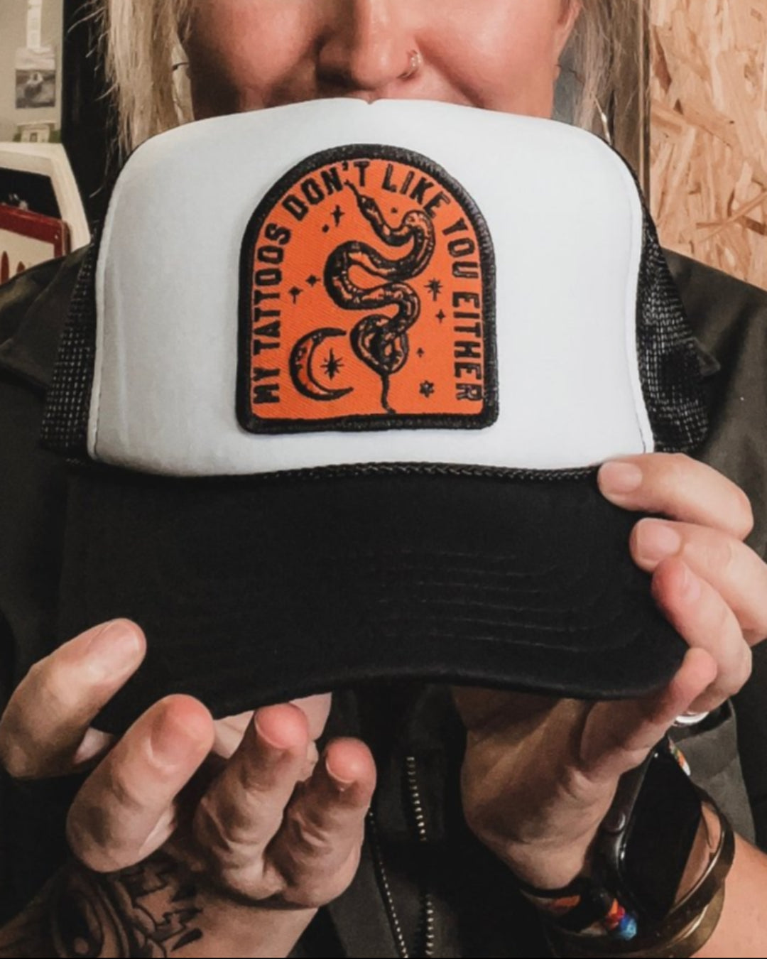 My Tattoos Don't Like You Either foam front, mesh back trucker hat by Le Monkey House