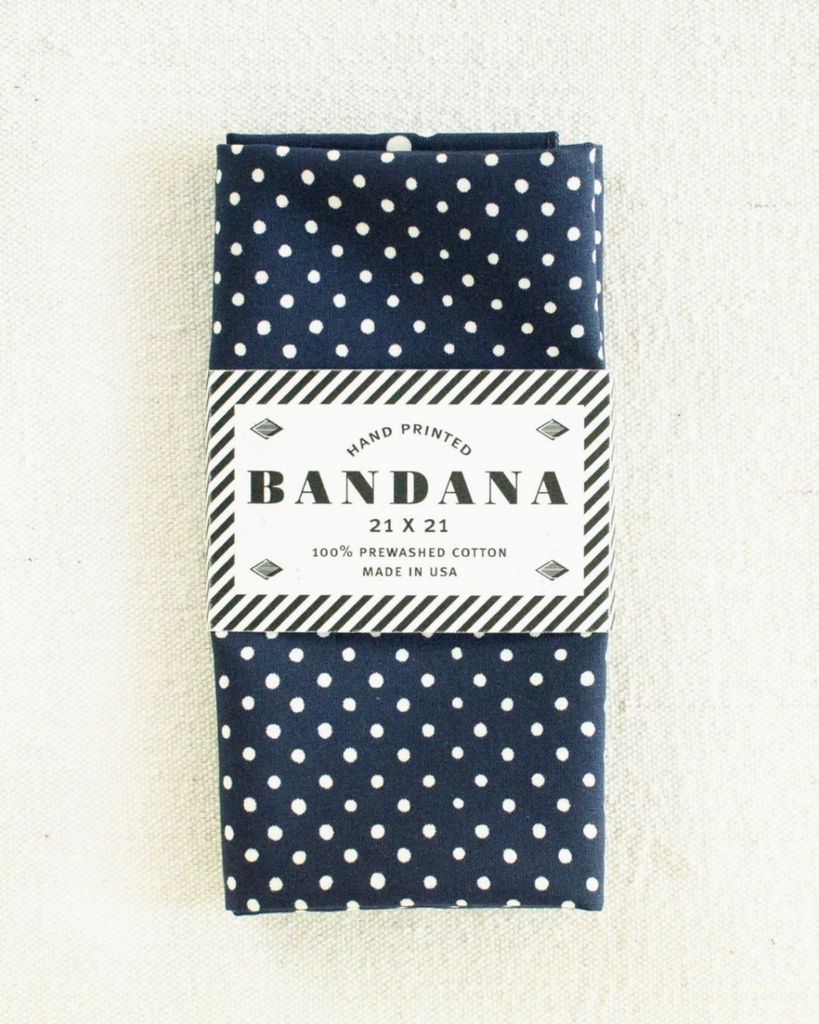 Navy blue and white polka dot classic style bandana by Abracadana sold by LE Monkey House