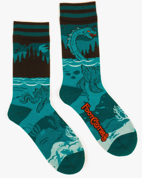 Nessie, Lochness Monster, Cryptid socks by Footclothes, Colorado Sold by Le Monkey House