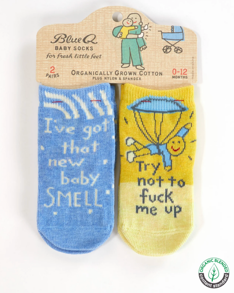 New baby smell try not to fuck me up baby socks by Blue Q sold by Le Monkey House