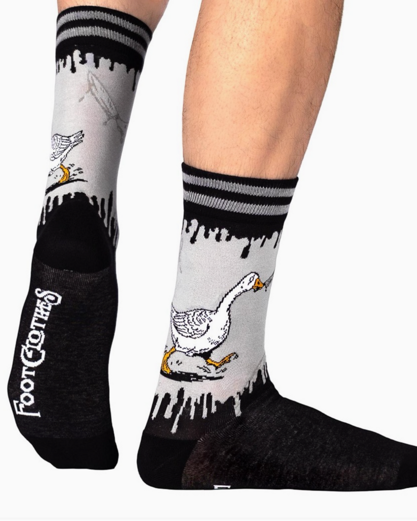 Not so silly goose crew socks by Footclothes, sold by Le Monkey House