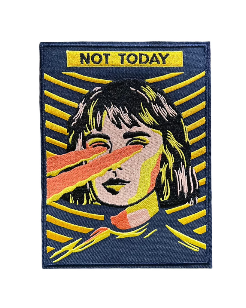 Large - Not Today laser eyes iron on embroidered patch sold by Le Monkey House