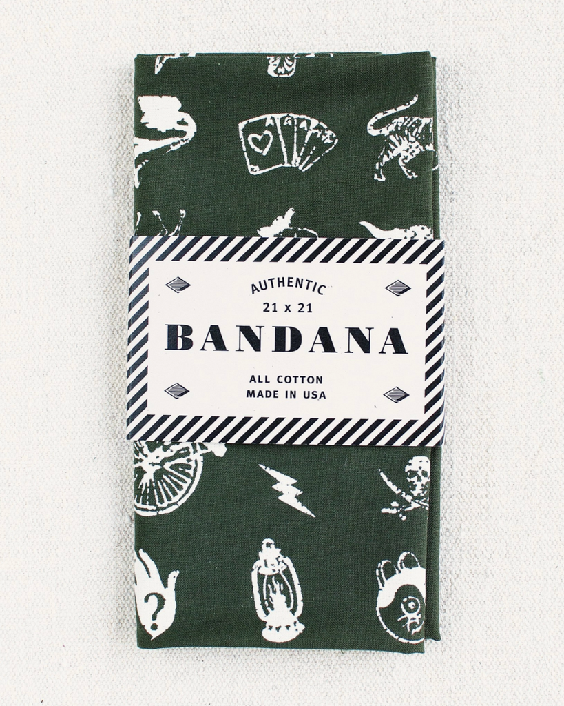 Olive green and white big fun design bandana by Abracadana sold by Le Monkey House