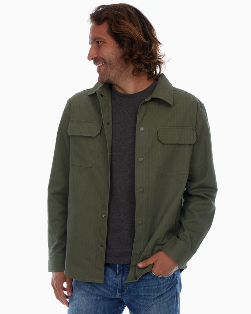 Olive cotton herringbone workshirt by PX sold by Le Monkey House