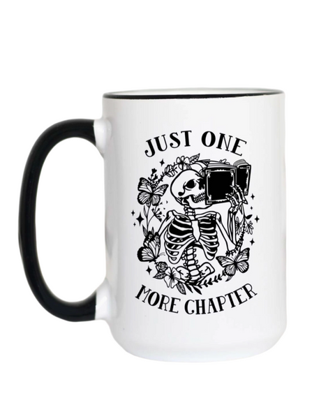 Just one more chapter skeleton reading coffee tea mug by Mugsby Sold by Le Monkey House