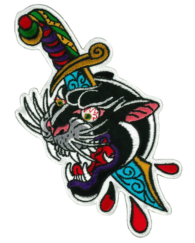 traditional tattoo design panther and dagger embroidered iron on patch by Hot Leathers, sold by Le Monkey House